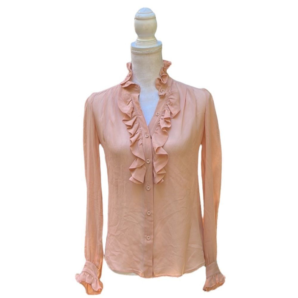 WILFRED PURE SILK NUDE FRILLY RUFFLE TRIMMED LONG SLEEVE BUTTON DOWN SHIRT XS